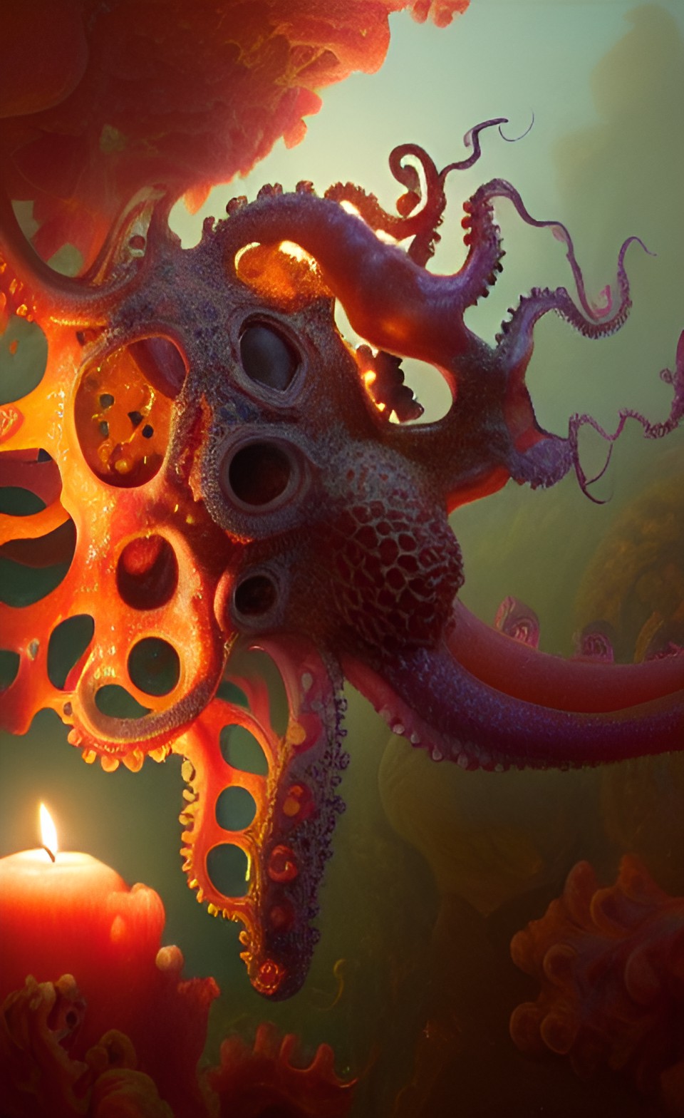 rococo maximalist portrait botanical anatomy, laughing skeletal seahorse octopus scales with extra flesh, 3d collage, highly detailed intricate, surreal illustration dark art, jenny savill preview