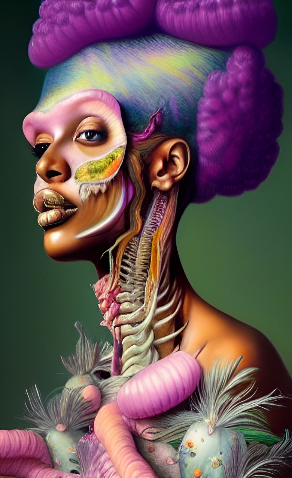 rococo maximalist iridescent portrait botanical anatomy, skeletal bohemian megan the stallion afro with extra flesh, 3d collage, highly detailed intricate, surreal illustration dark art, jenny saville preview