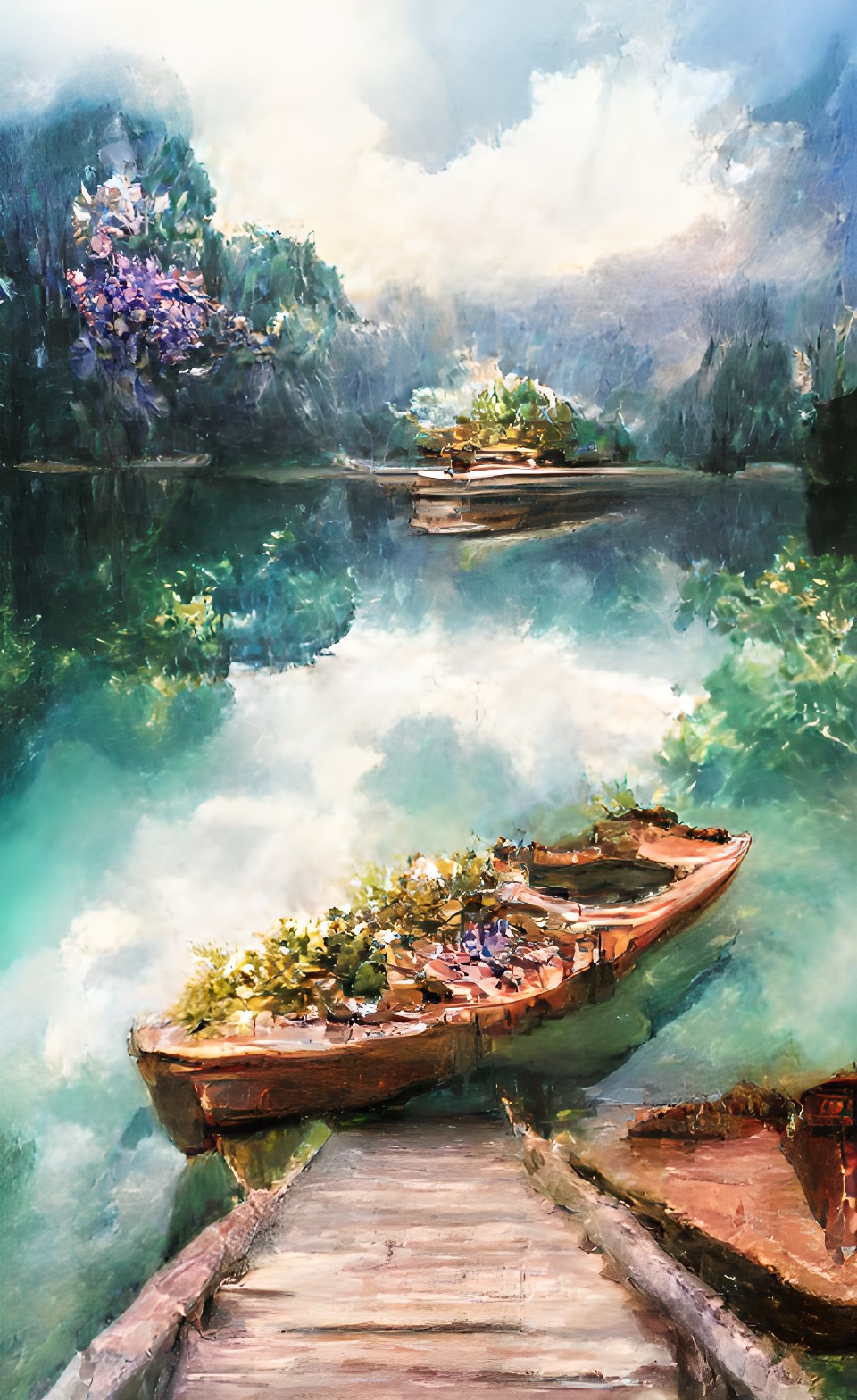 Tree Boat - lake of flowers with a boat made of trees preview