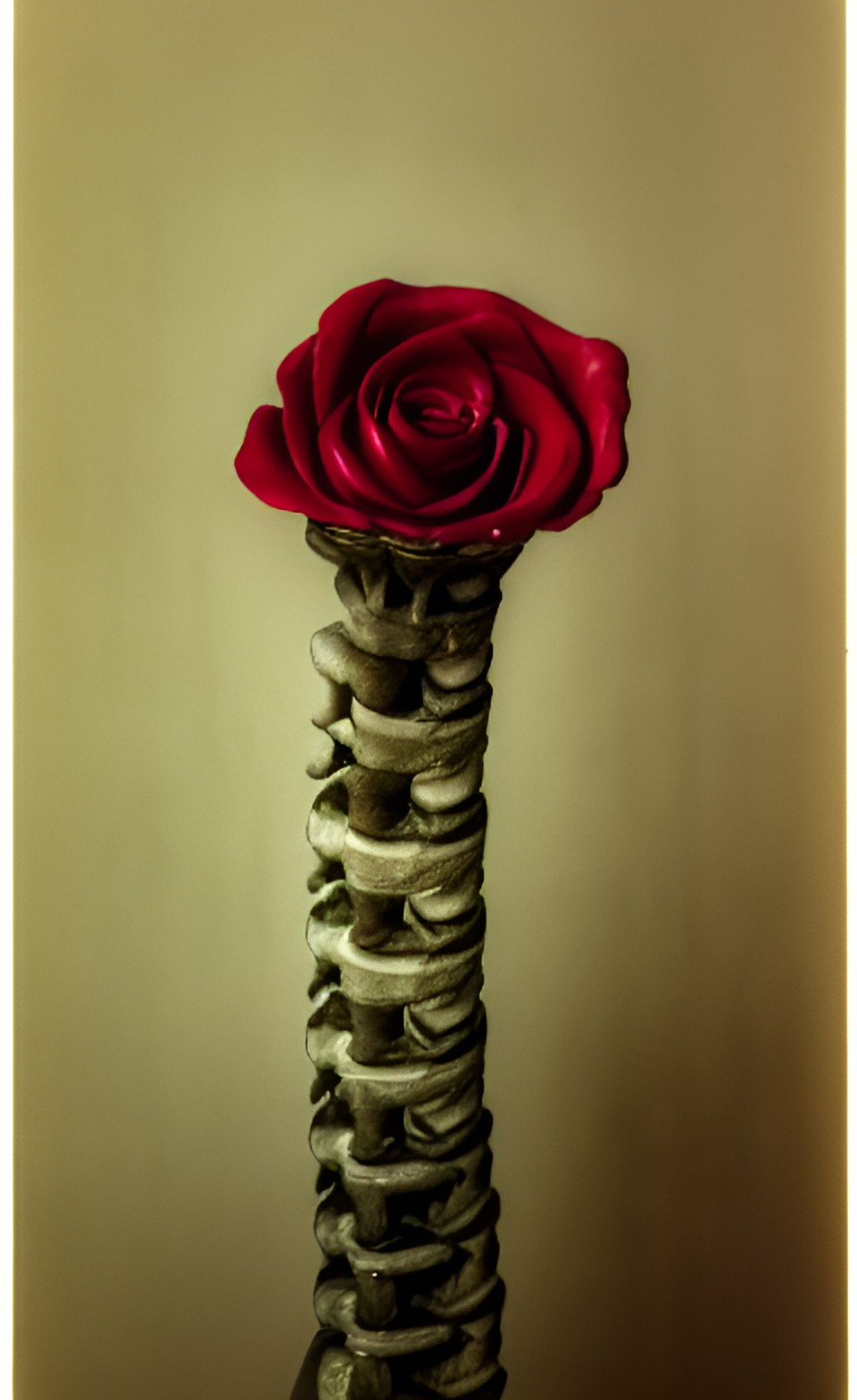 a human spine in a vase with a rose growing out of the top end preview