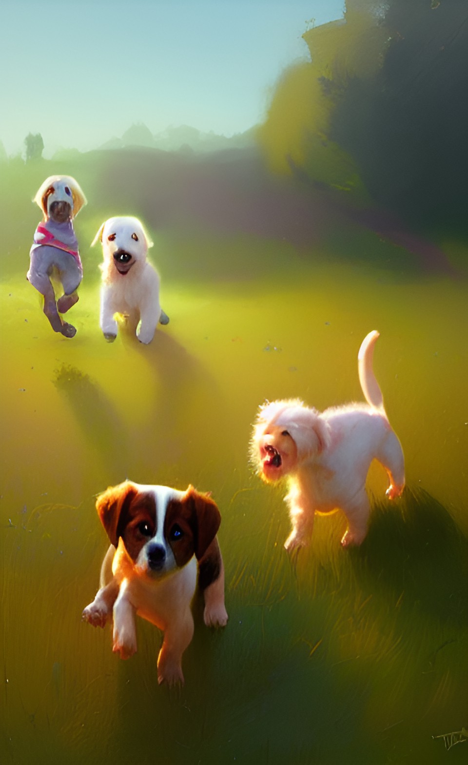 adorable puppies frolicking in a field preview