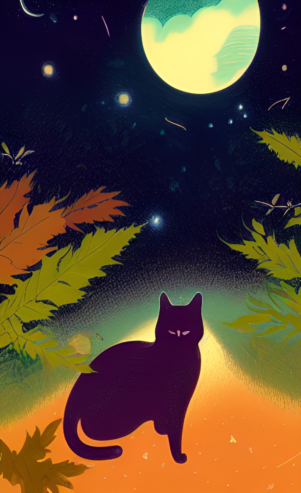 Shemi in the night - cat among leaves, night sky preview