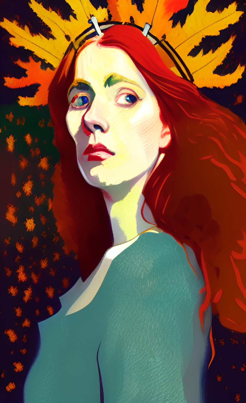 portrait of a woman with auburn hair and a crown of autumn leaves, dark gradient backdrop preview