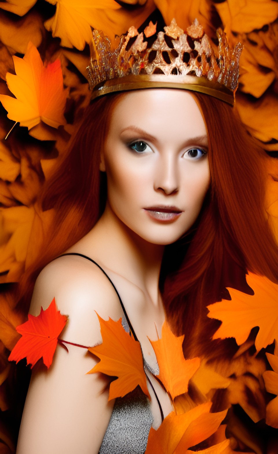 portrait of a woman with auburn hair, wearing a crown made of autumn leaves, dark gradient backdrop preview