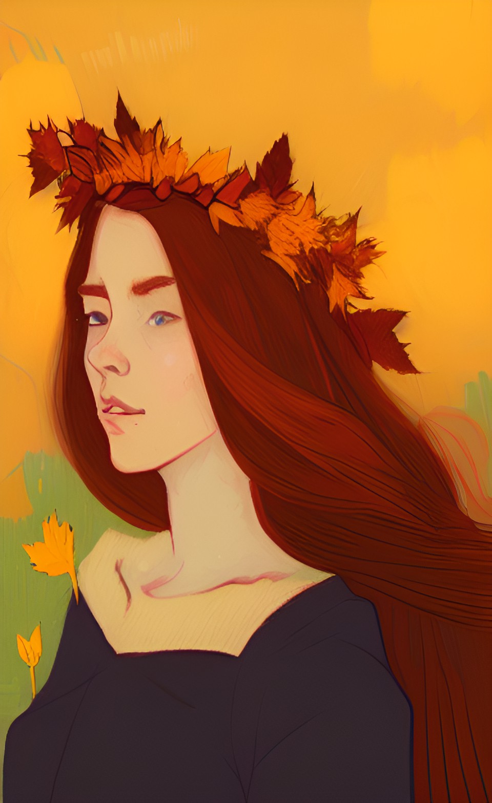 portrait of a woman with auburn hair, wearing a crown made of autumn leaves, dark gradient backdrop preview