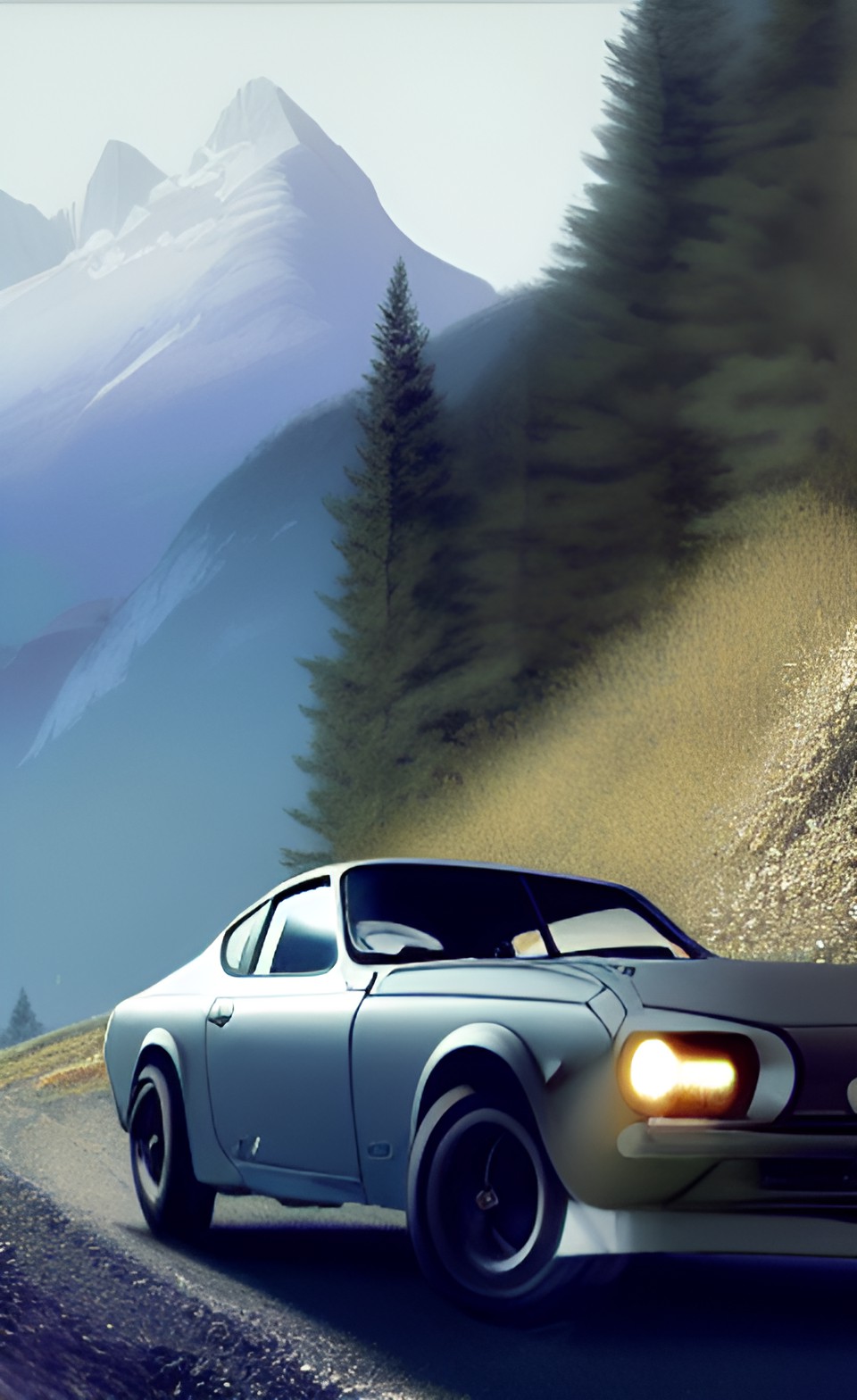 a gray datsun 120a fii coupé driving through the french alps in august, bright sunny day, muted colors, hyperrealistic, intricate, cgsociety, artstation, 8k, cinematic, soft lighting preview