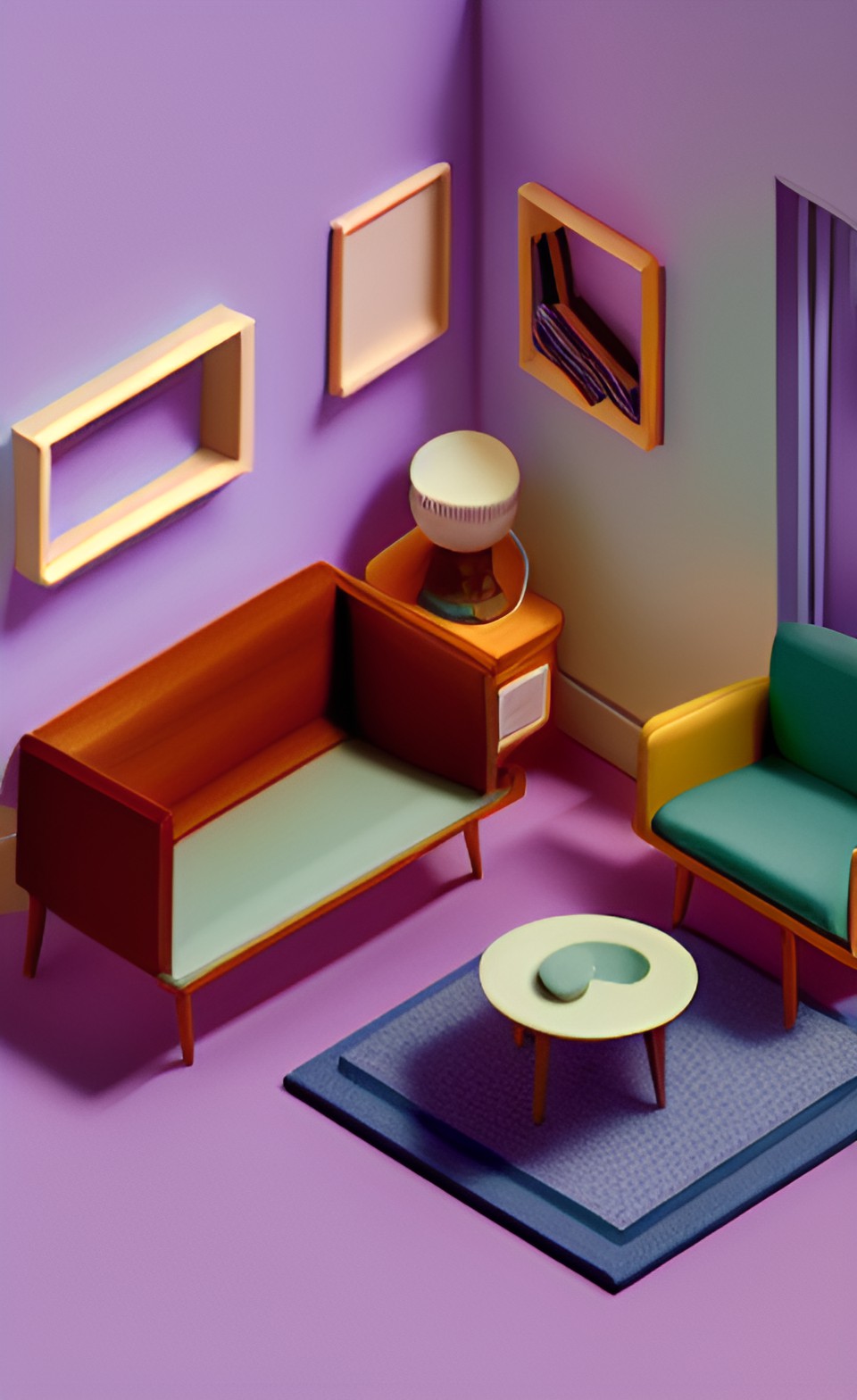 dollhouse, mid century modern living room preview