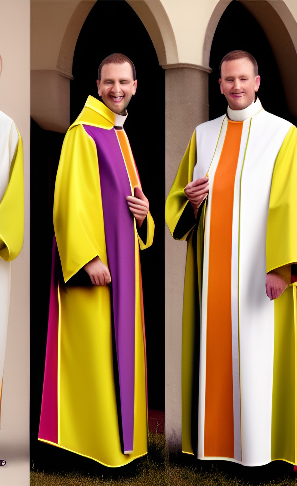 priests in different colored vestments, fashion catalog preview