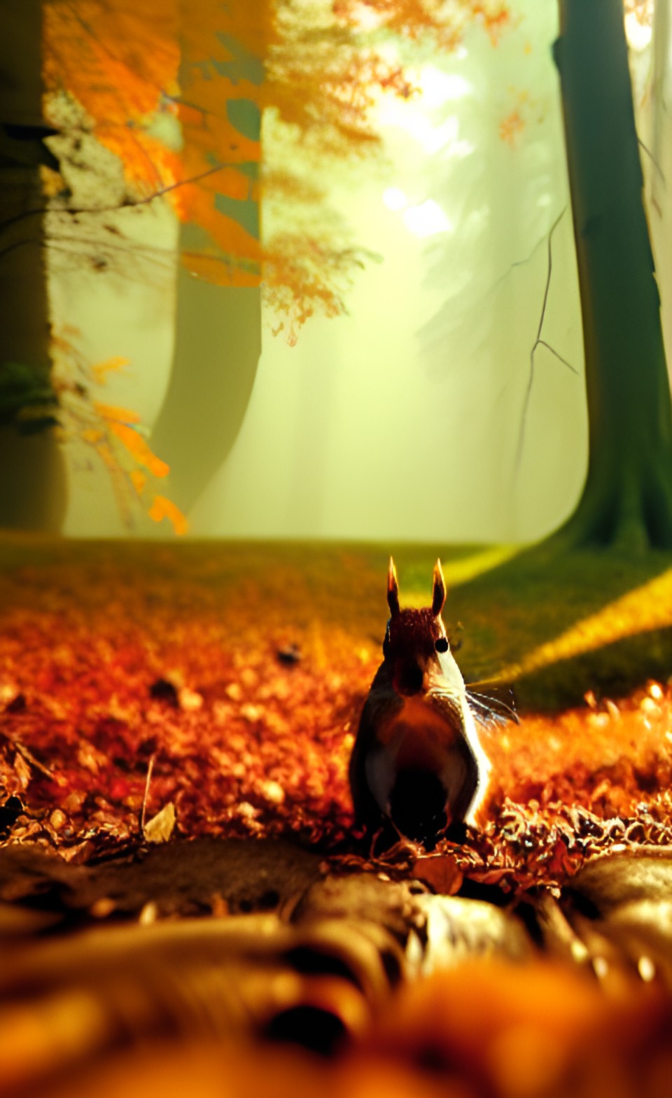 The Curious Squirrel - ultra-realistic wide angle: a curious squirrel coming close to the camera, october, pastel fall forrest, mist, morning light, volumetric light rays, moss, brown orange and yellow leaves, muted colors preview