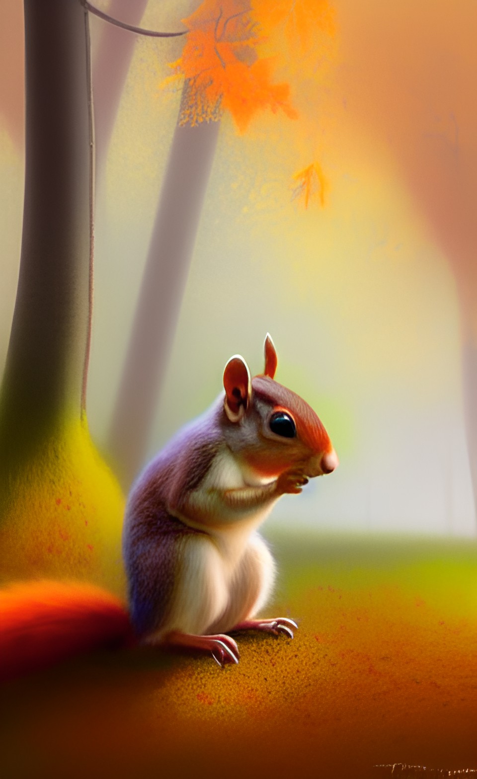 soft pastel a curious squirrel close to the camera collecting acorns, october, fall forrest, mist, morning light, volumetric light rays, moss, brown orange yellow leaves, muted colors preview