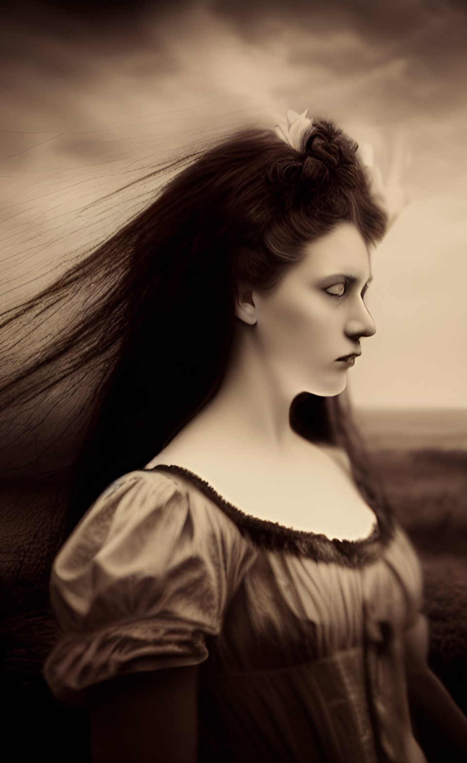 haunted victorian, mystery, wind ,realistic, woman , wavy hair, fair skinned, mesmerizing preview