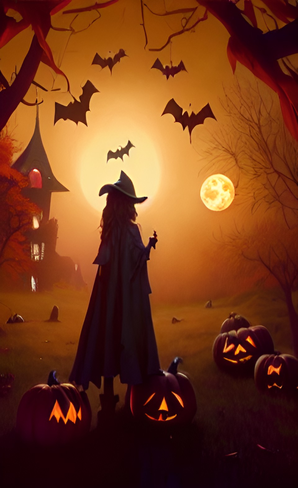 witch hat,  jack-o'-lanterns bats in sky preview