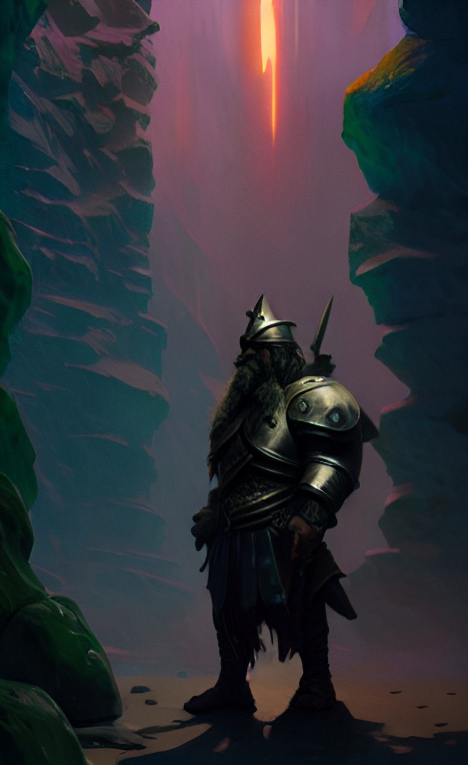 dwarf warlord standing at entrance to cave, silver reflective armor preview