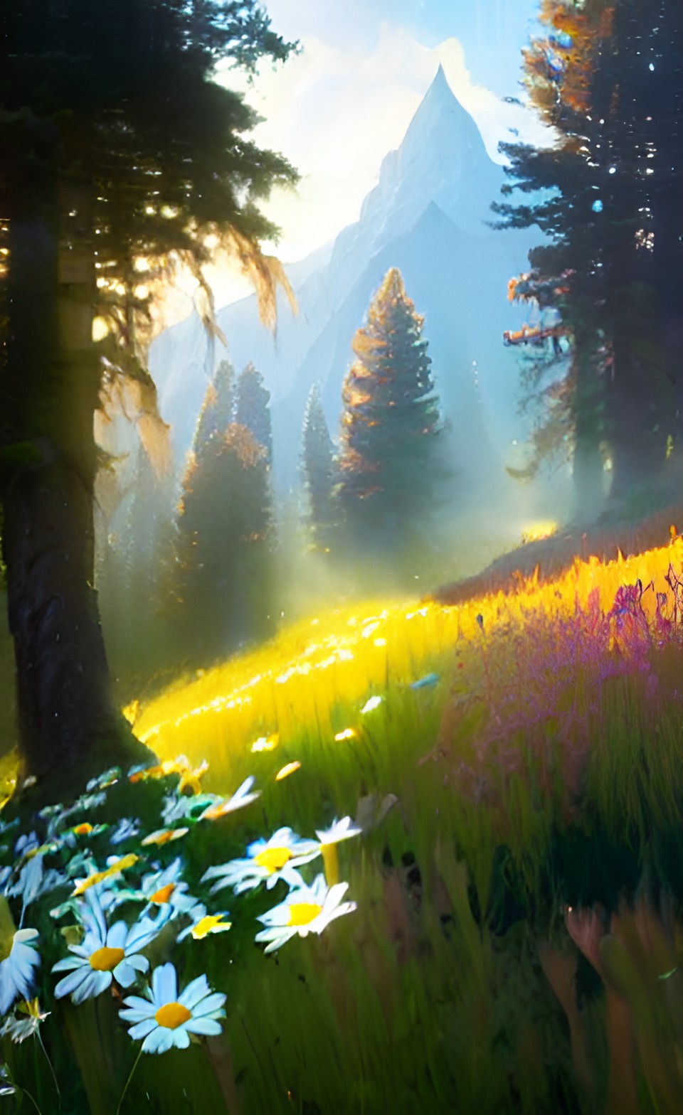 daisy flower field mountain forest, landscape preview