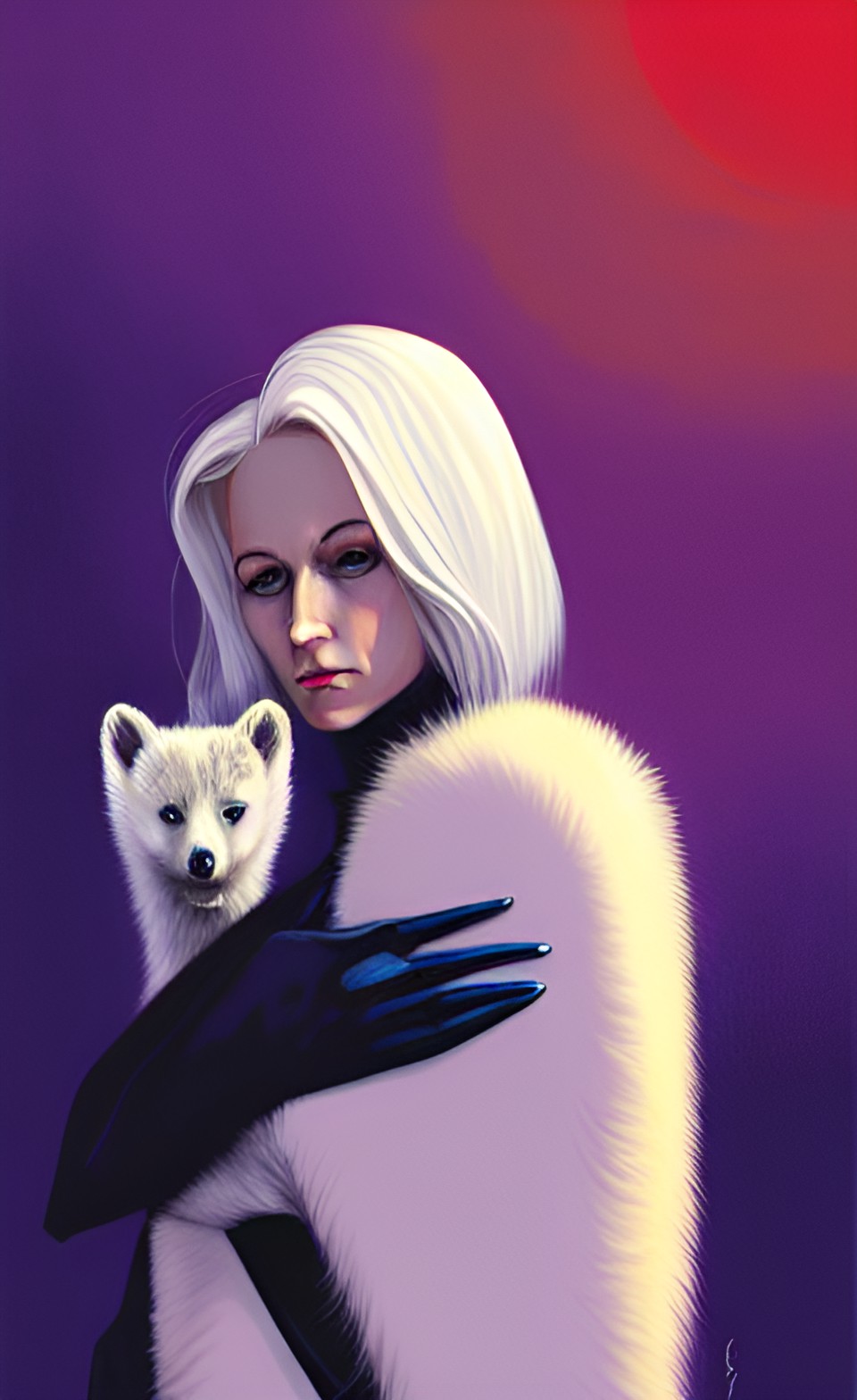 platinum blonde woman holding an arctic fox preview