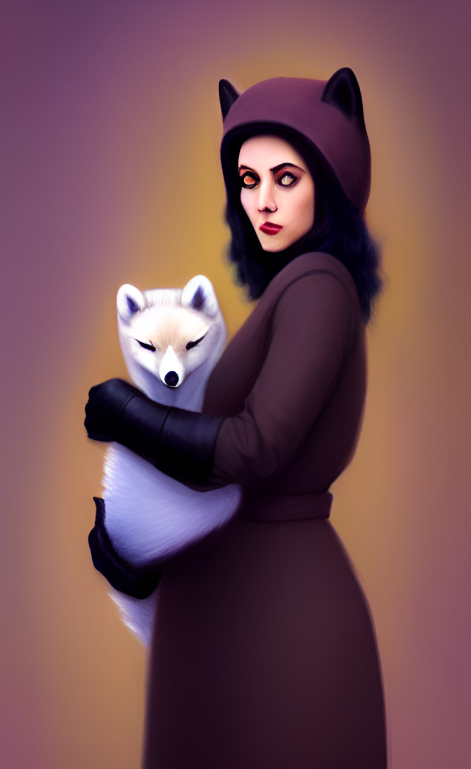 raven haired woman holding an arctic fox preview