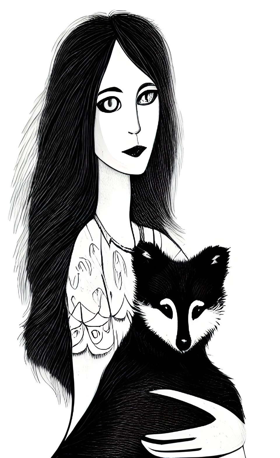 raven haired woman holding an arctic fox preview