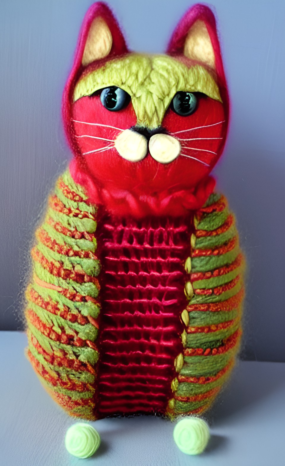 cat, in the style of fiber arts, felting, knitting, crocheting, weaving, embroidery, tatting, yarn, thread, macrame, tapestry preview