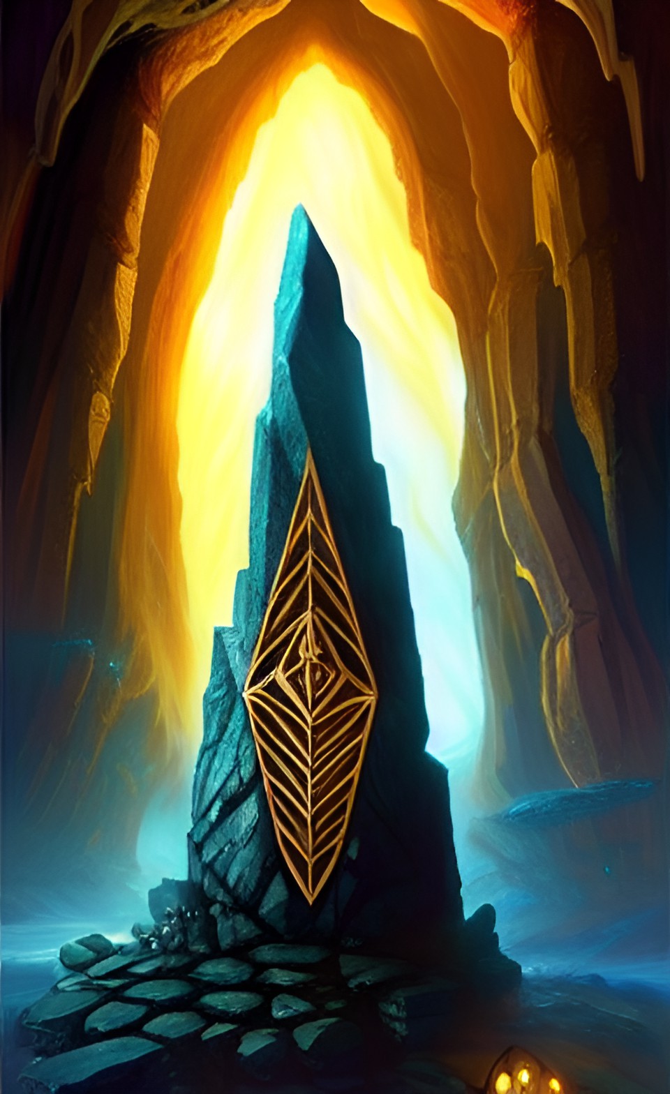 standing stone etched with glowing runes surrounded by piles of gold and jewelry in a cave preview