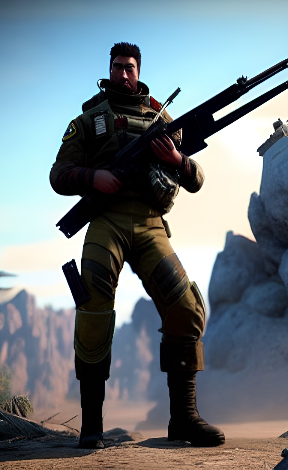 militia pilot holding a longbow sniper rifle with a titan standing preview