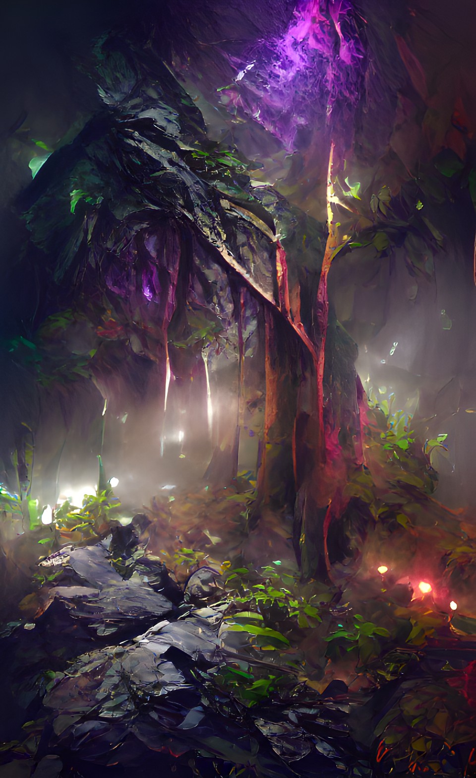 gabbro, cinematic lighting, rainforest, fog, night, lights preview