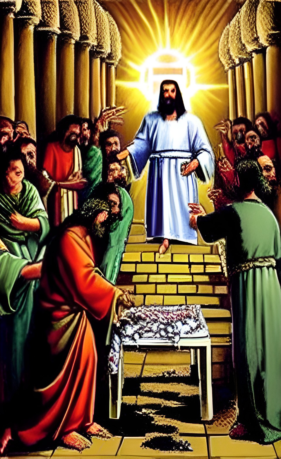 jesus purifying, tables covered in money, cages full of animals and birds, an ugly mess in the temple in jerusalem. jesus is angry preview