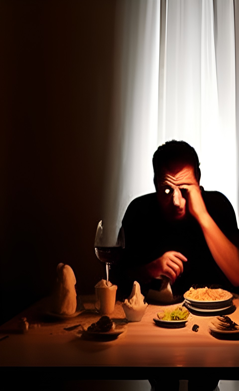 sorrowful man eating dinner alone at a table in a dimly lit room, translucent white ghosts in the background preview