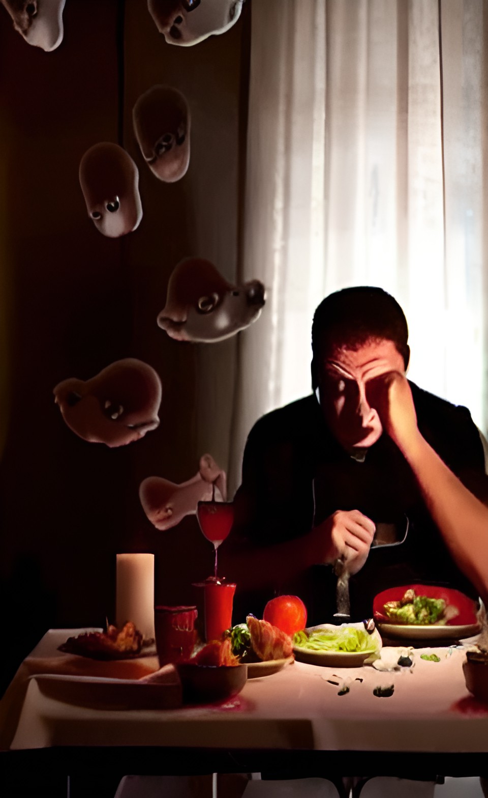 sorrowful man eating dinner alone at a table in a dimly lit room, translucent white ghosts in the background preview