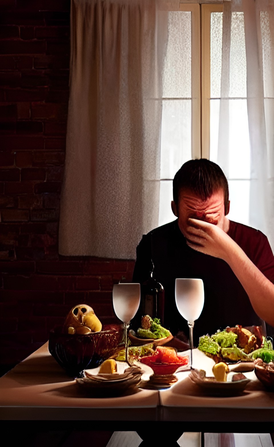 sorrowful man eating dinner alone at a table in a dimly lit room, translucent white ghosts in the background preview