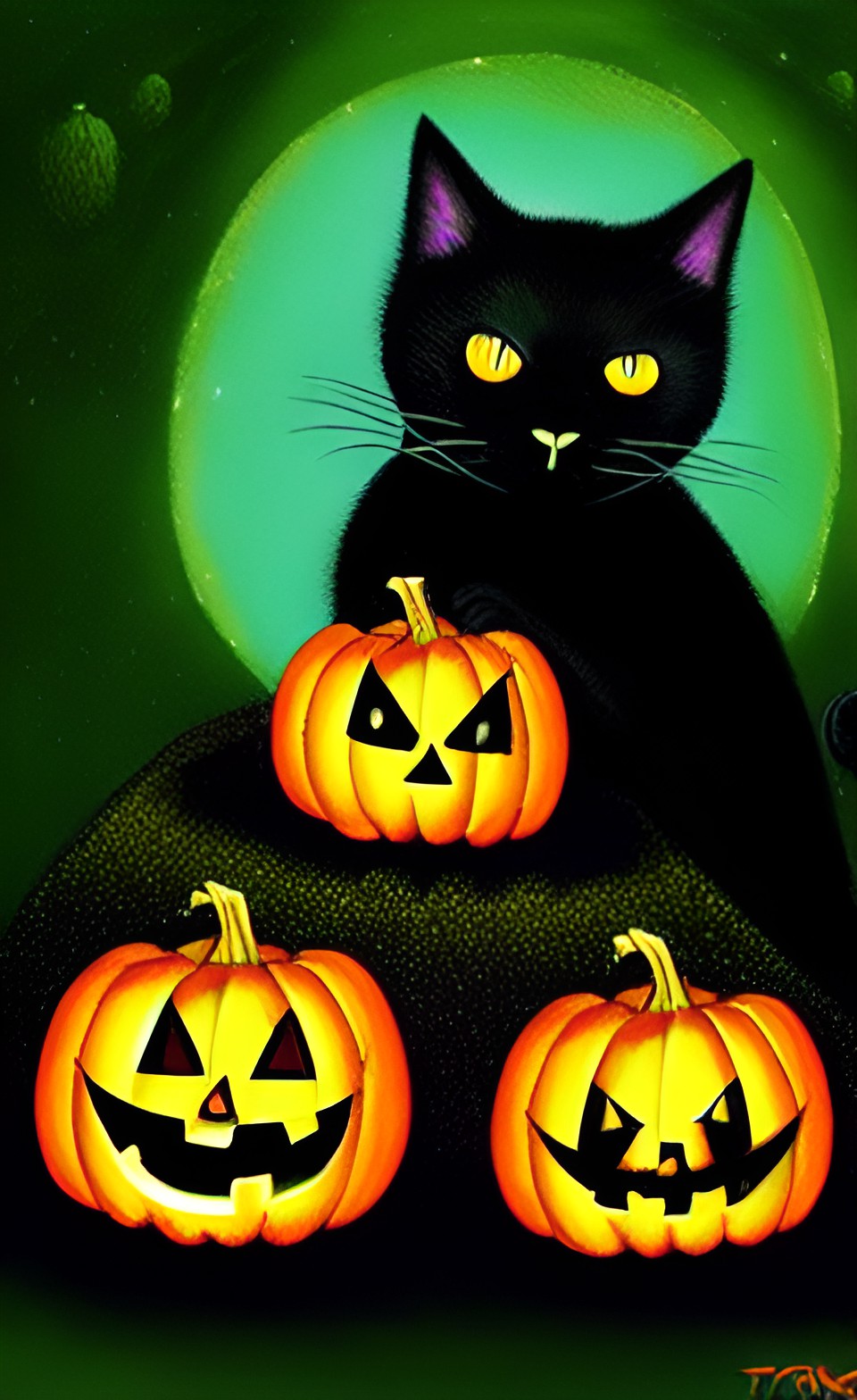 black cat with jack-o'-lantern,glossy, glittery, dark preview