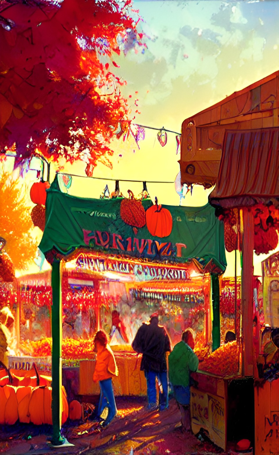 harvest festival, colorful booths, crowd, autumn, small town, golden hour preview