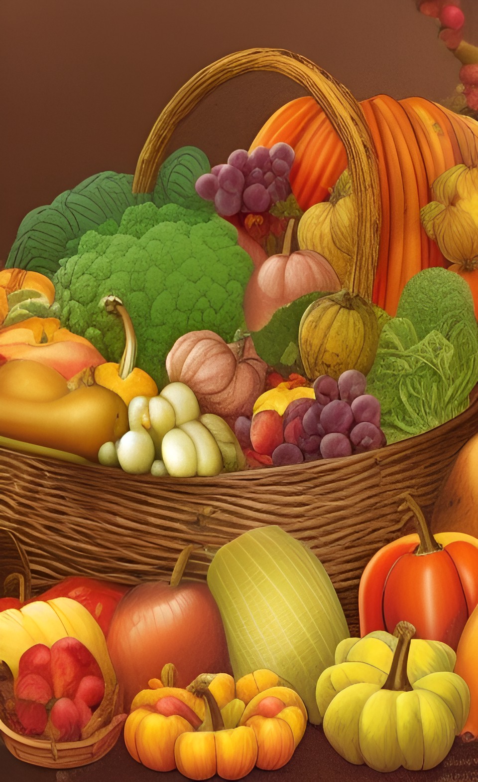 still life, cornucopia full of fruits and vegetables, autumn backdrop preview