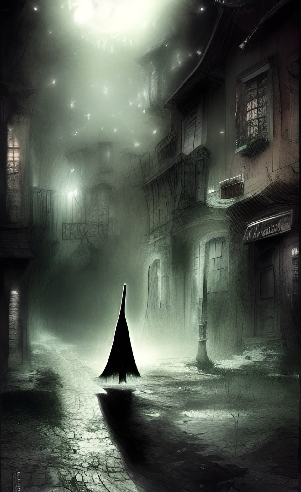 grim reaper floating down a dark street in a muddy dark town at night preview