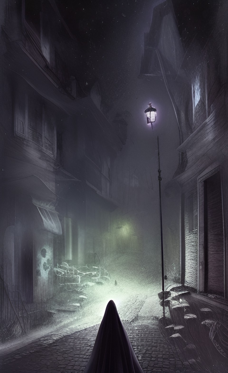 grim reaper floating down a dark street in a muddy dark town at night preview