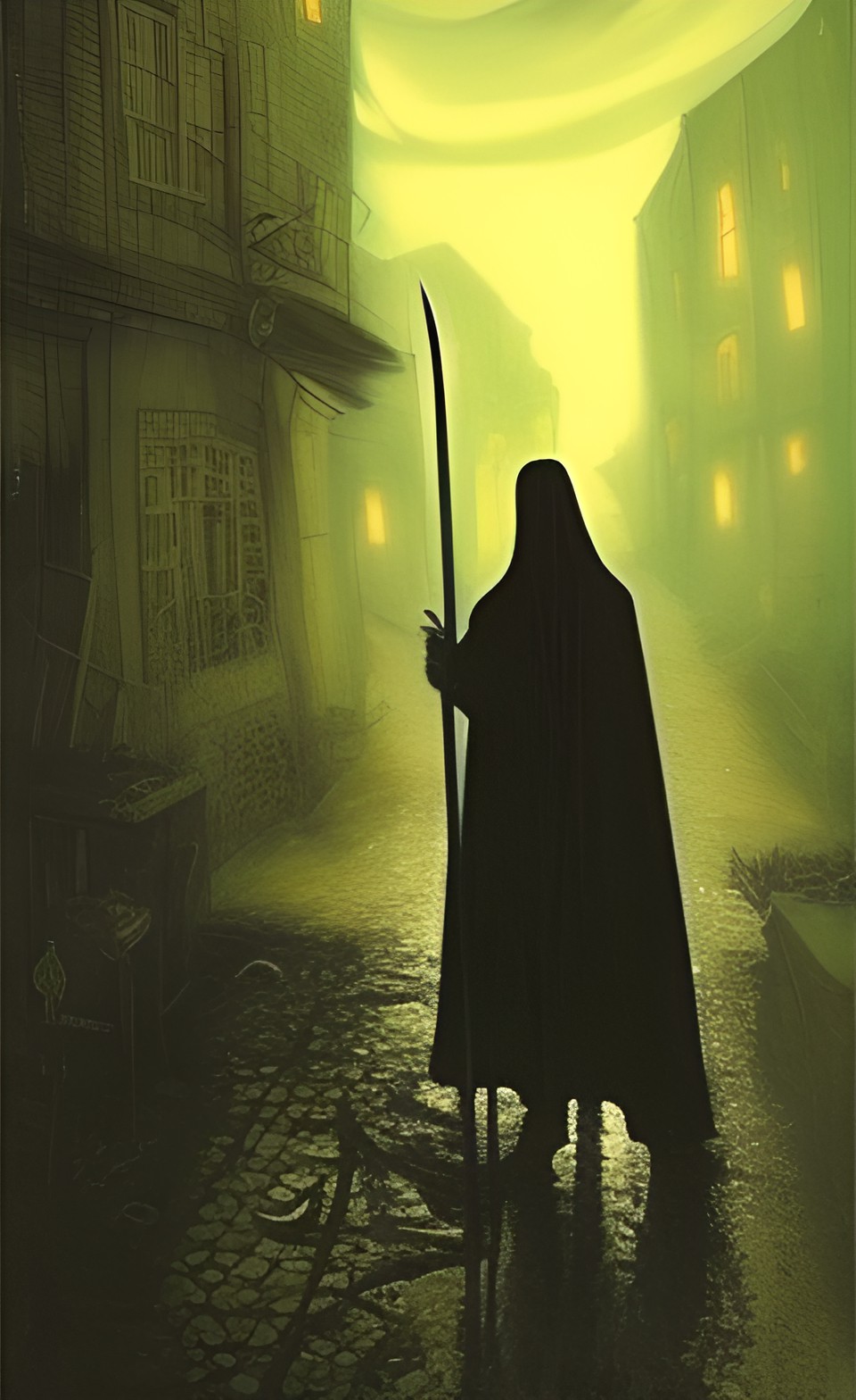 grim reaper holding a scythe floating down a dark street in a muddy dark town at night preview