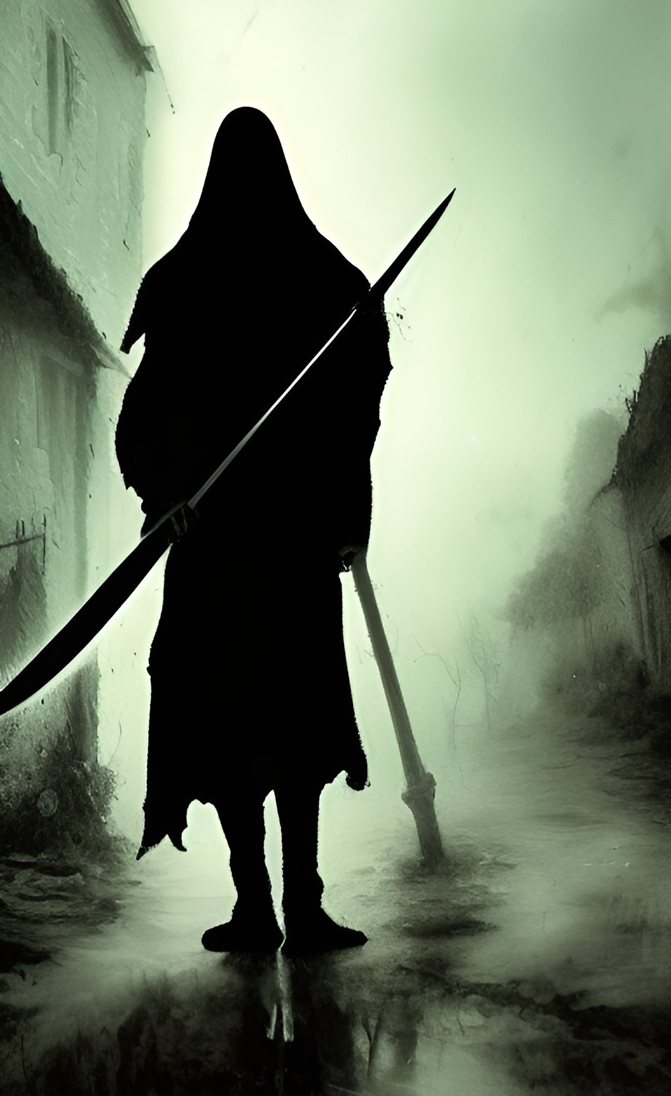 grim reaper holding a scythe floating down a dark street in a muddy dark town at night preview