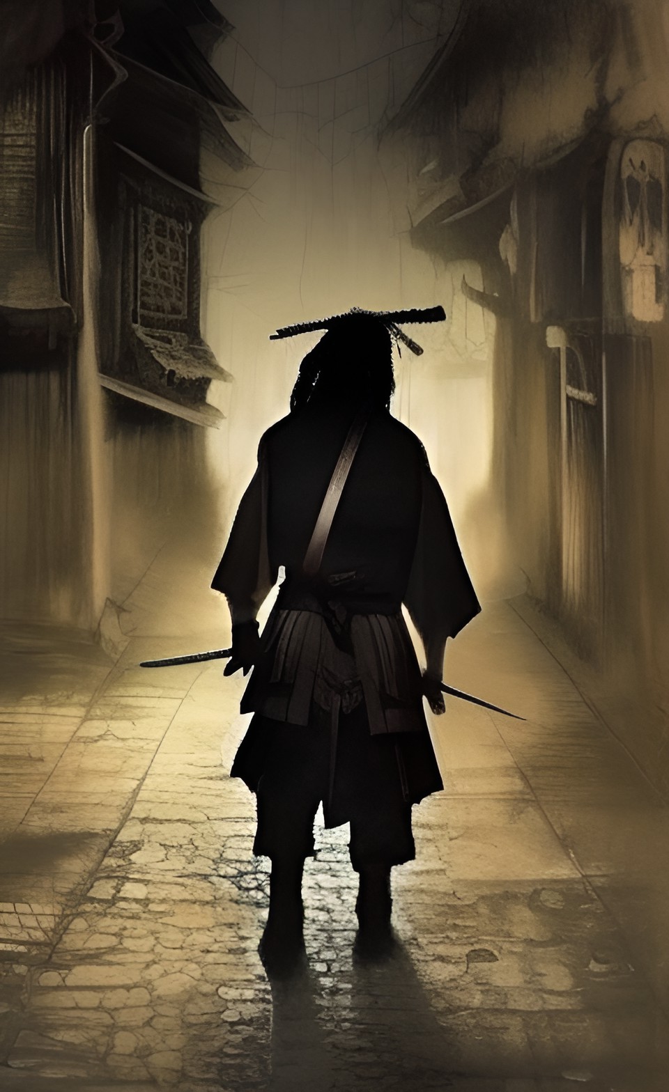 samurai holding a katana walking down a dark street in a muddy dark town at night preview