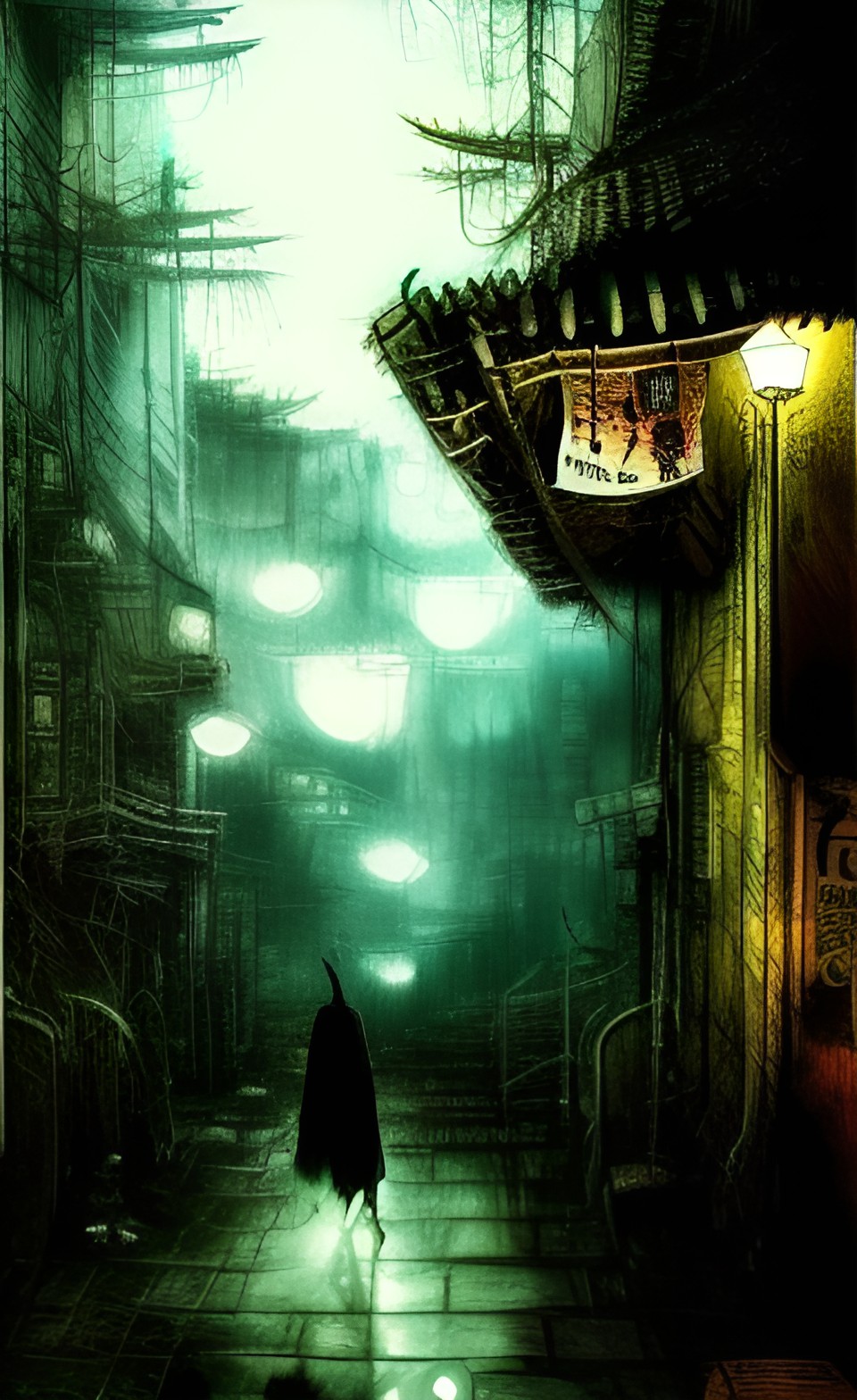 samurai holding a katana walking down a dark street in a muddy dark cyberpunk mechanical city at night preview