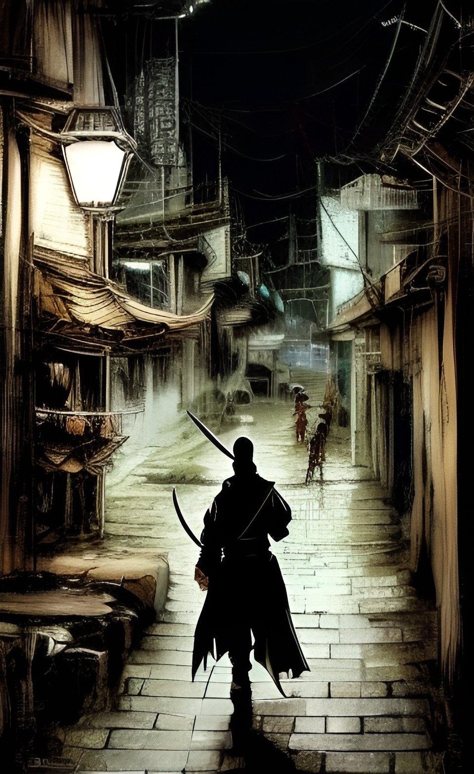 samurai holding a katana walking down a dark street in a muddy dark cyberpunk mechanical city at night preview