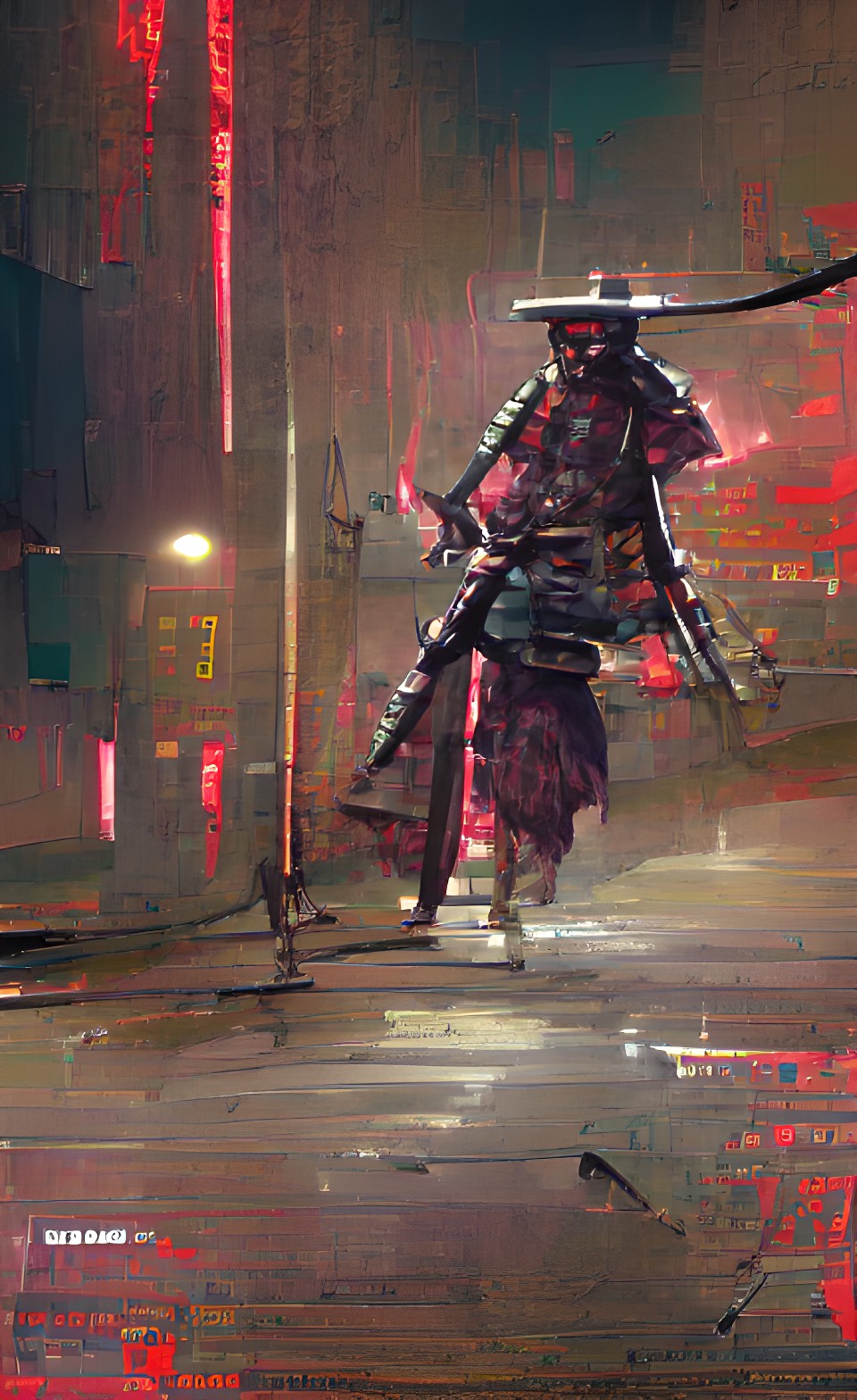 samurai holding a katana walking down a dark street in a muddy dark cyberpunk mechanical city at night preview