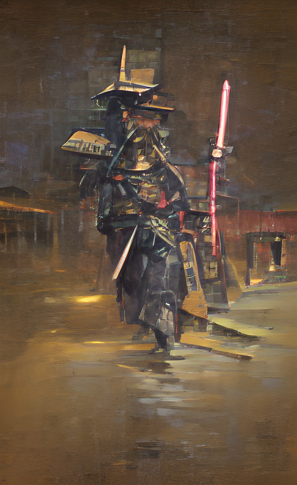 samurai holding a katana walking down a dark street in a muddy dark cyberpunk mechanical city at night preview