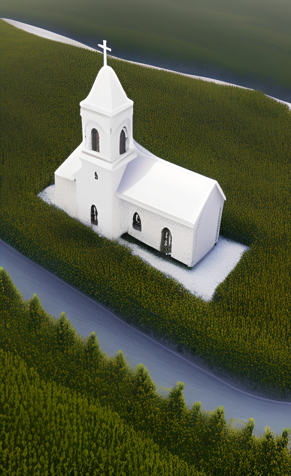 a white country church in a valley as viewed from above preview