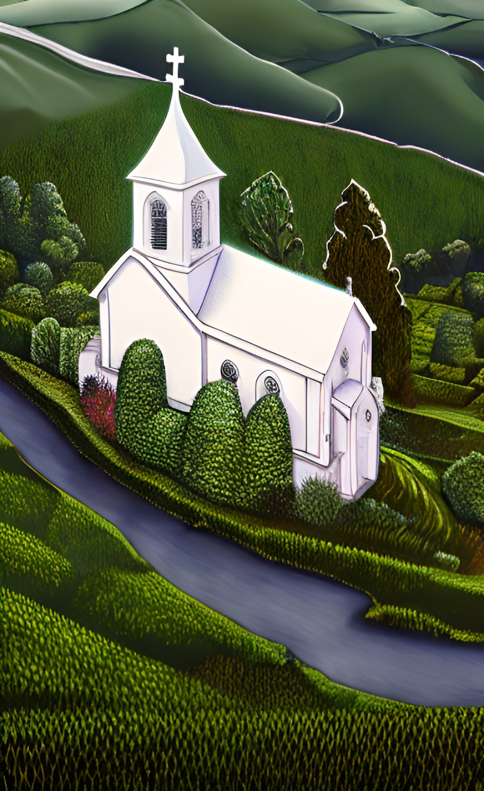 a white country church in a valley as viewed from above preview