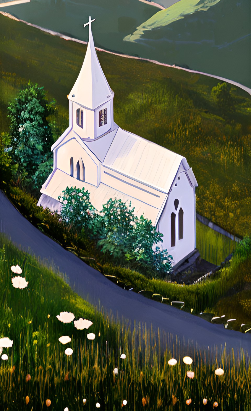 a white country church in a valley as viewed from above preview