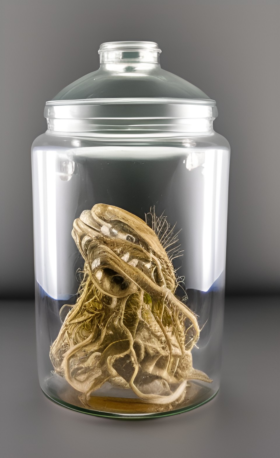 specimen jar containing a hideous monster preserved in formaldehyde preview