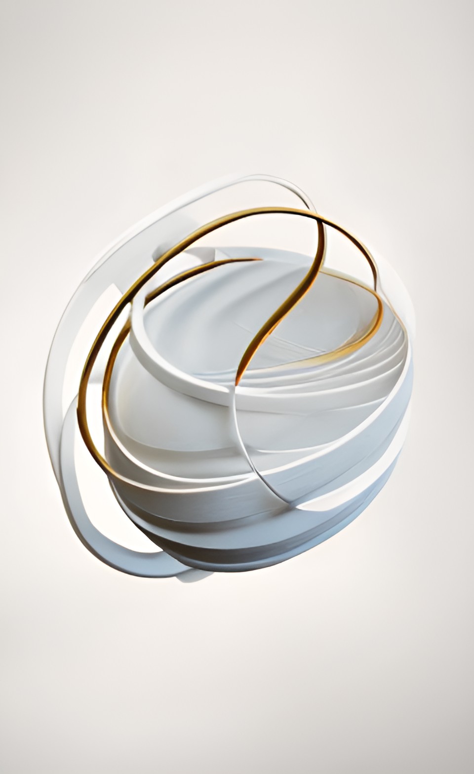 front view of a oblate spheroid glossy ceramic abstract twisted torus wall sculpture, smooth organic ceramic, only soft rounded shapes, ochre yellow | white background preview