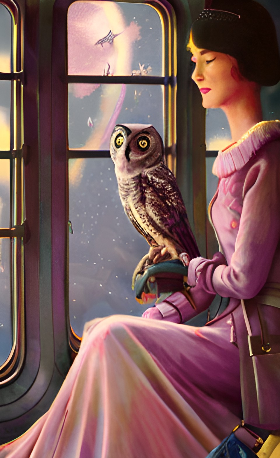 woman riding a train with an owl preview