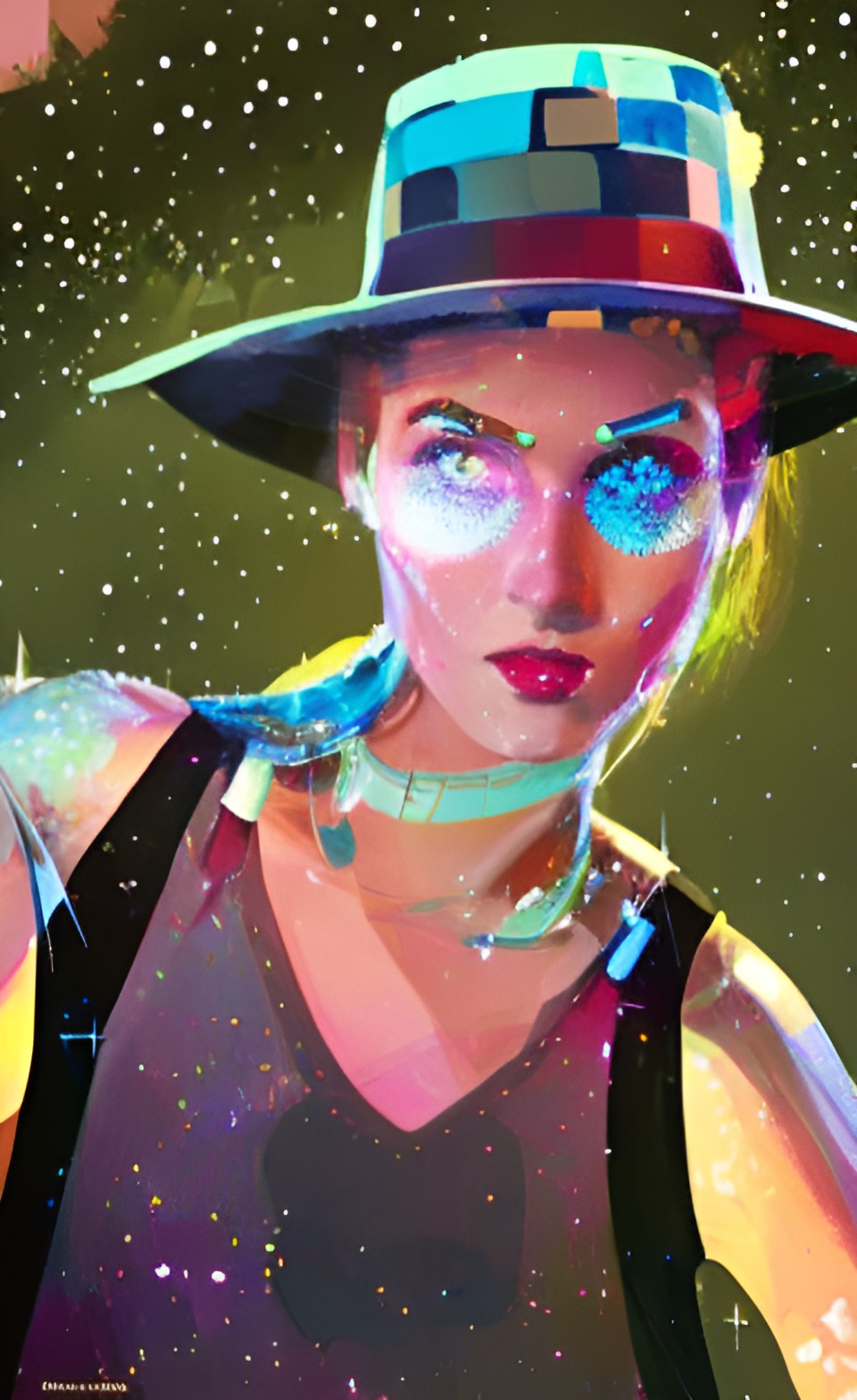 sci-fi woman in a fedora, glossy, glittery preview