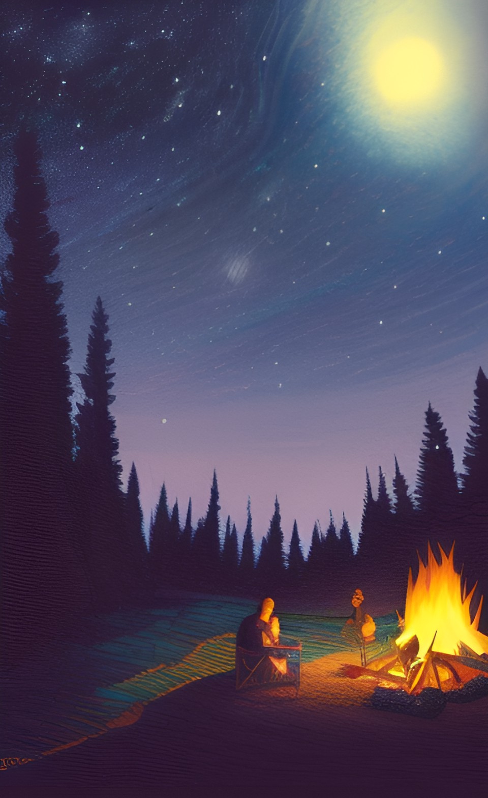 woman sitting by a campfire on a dark and starry night preview