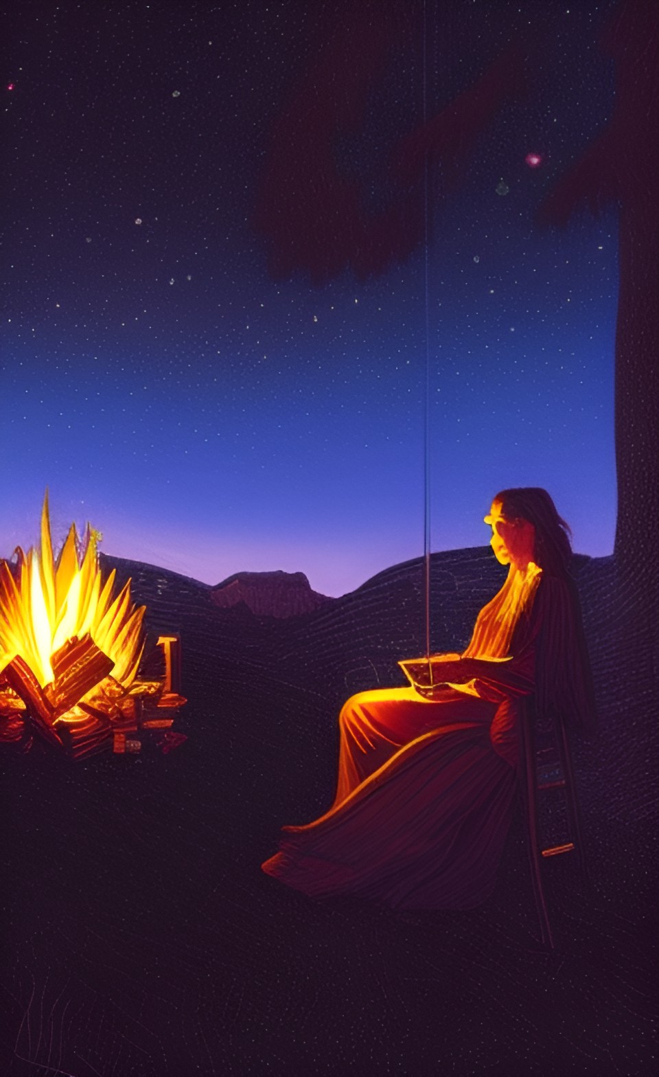 woman sitting by a campfire on a dark and starry night preview